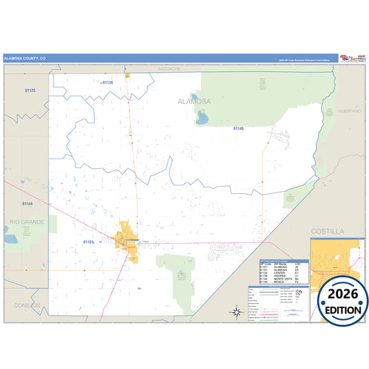Alamosa County, CO Business Reference 5 Digit ZIP Code Wall Map
