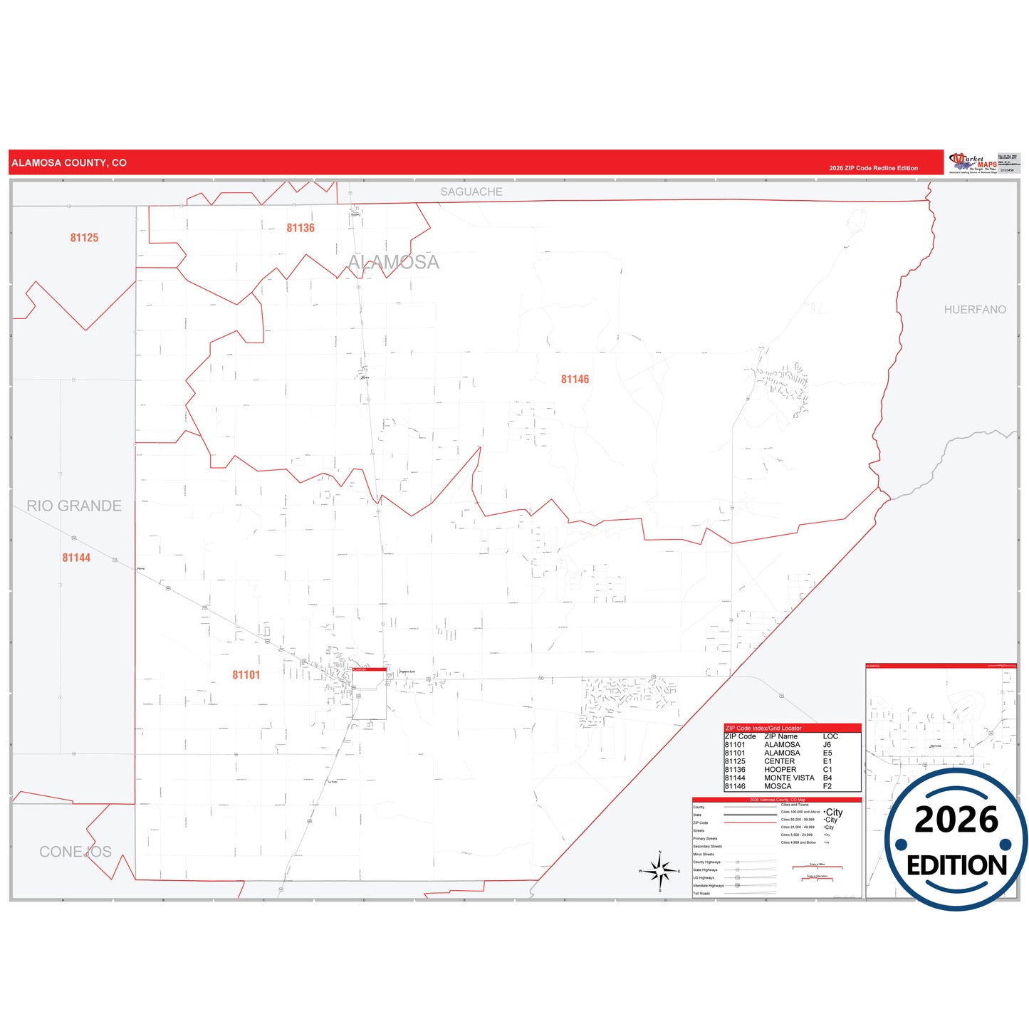 Alamosa County, CO Red Line 5 Digit ZIP Code Wall Map