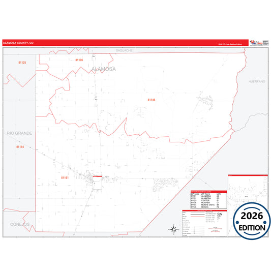 Alamosa County, CO Red Line 5 Digit ZIP Code Wall Map