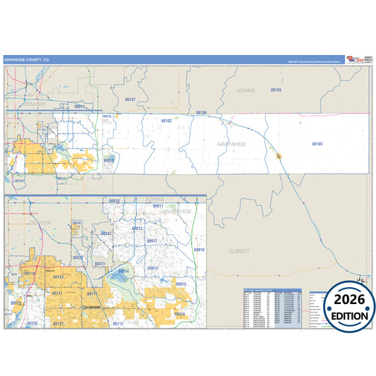 Arapahoe County, CO Business Reference 5 Digit ZIP Code Wall Map