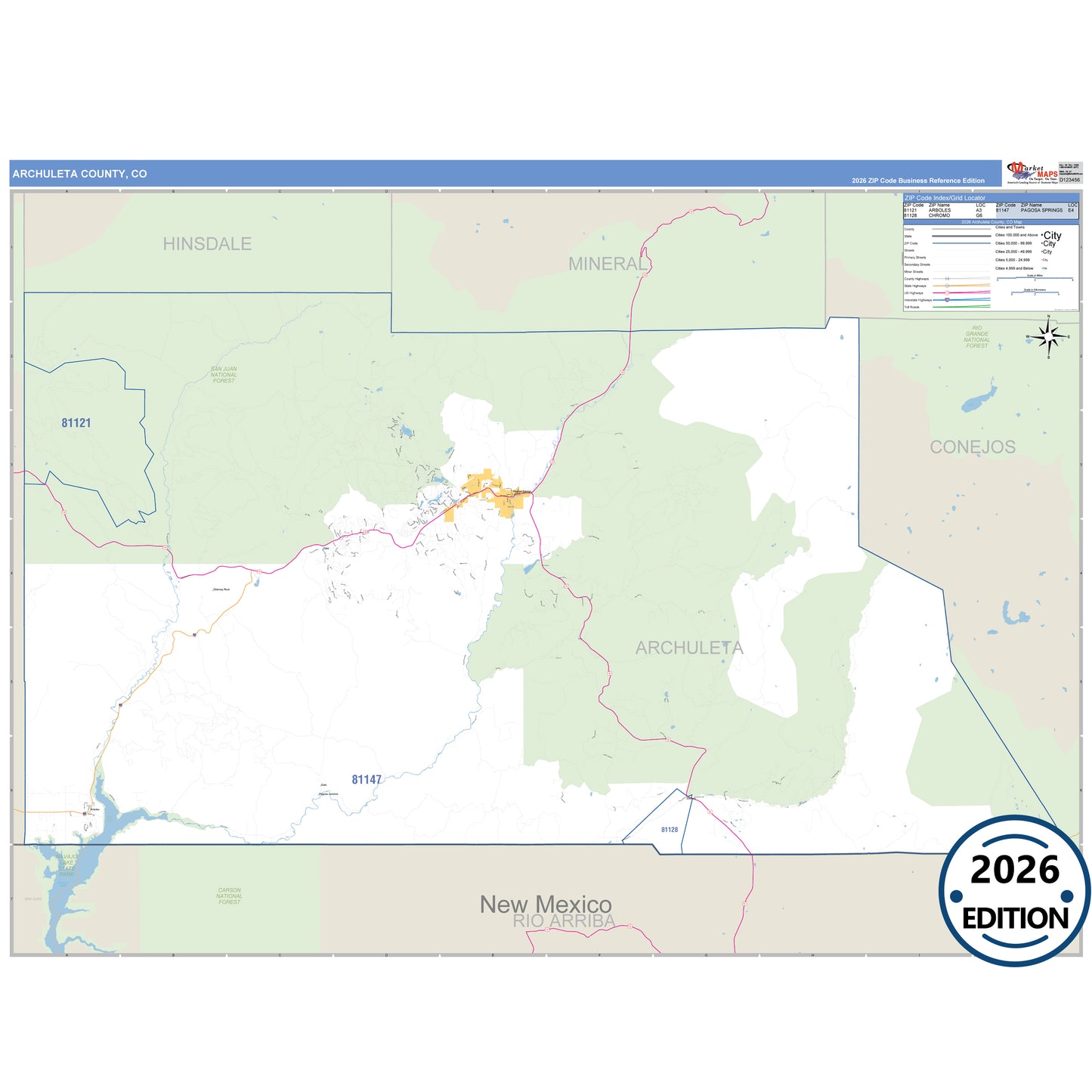 Archuleta County, CO Business Reference 5 Digit ZIP Code Wall Map