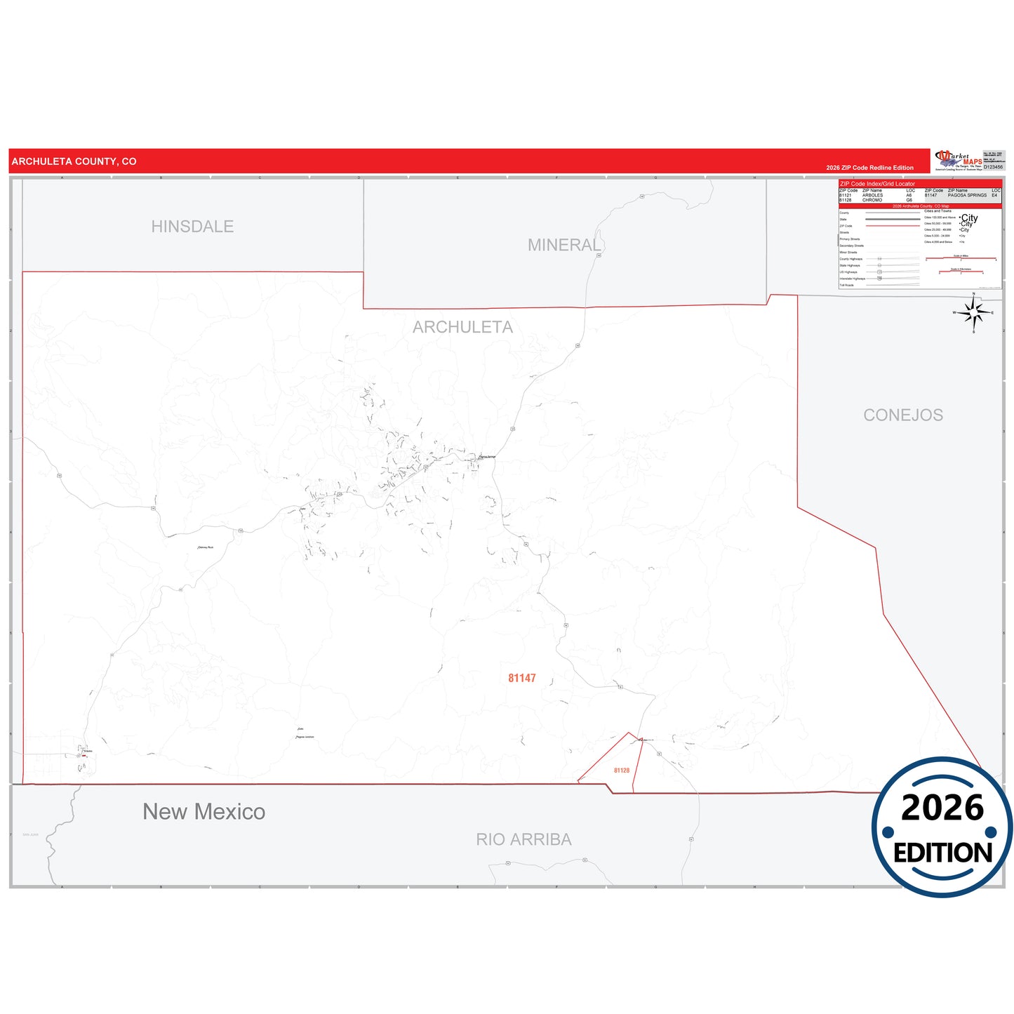 Archuleta County, CO Red Line 5 Digit ZIP Code Wall Map