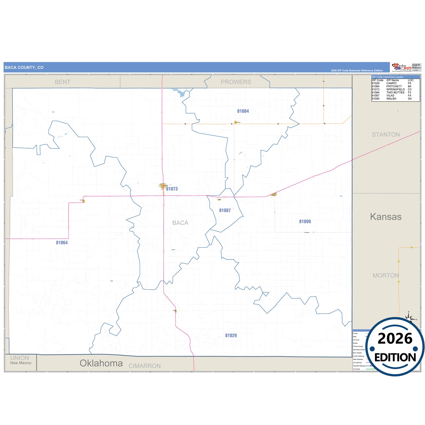 Baca County, CO Business Reference 5 Digit ZIP Code Wall Map