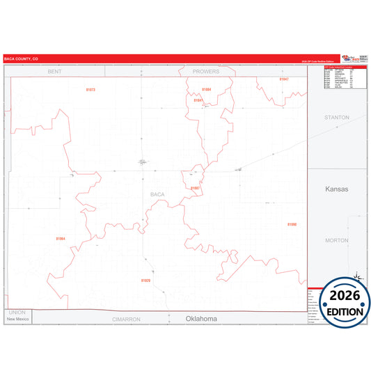Baca County, CO Red Line 5 Digit ZIP Code Wall Map