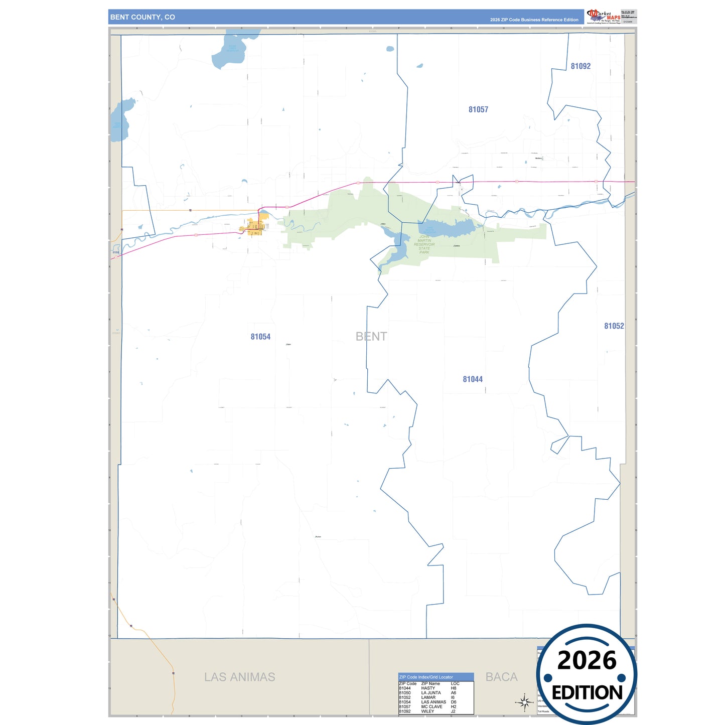 Bent County, CO Business Reference 5 Digit ZIP Code Wall Map
