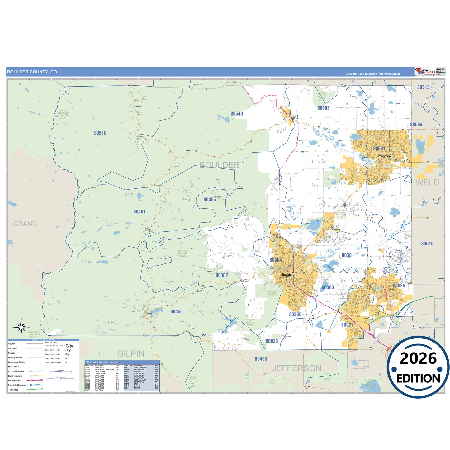 Boulder County, CO Business Reference 5 Digit ZIP Code Wall Map
