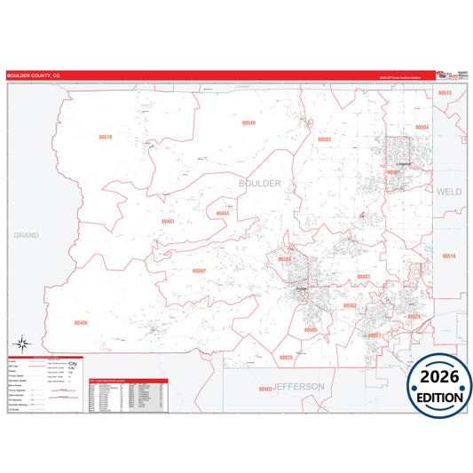 Boulder County, CO Red Line 5 Digit ZIP Code Wall Map