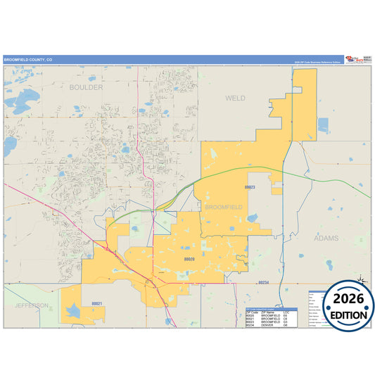 Broomfield County, CO Business Reference 5 Digit ZIP Code Wall Map