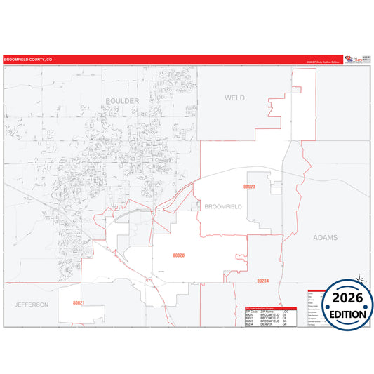 Broomfield County, CO Red Line 5 Digit ZIP Code Wall Map