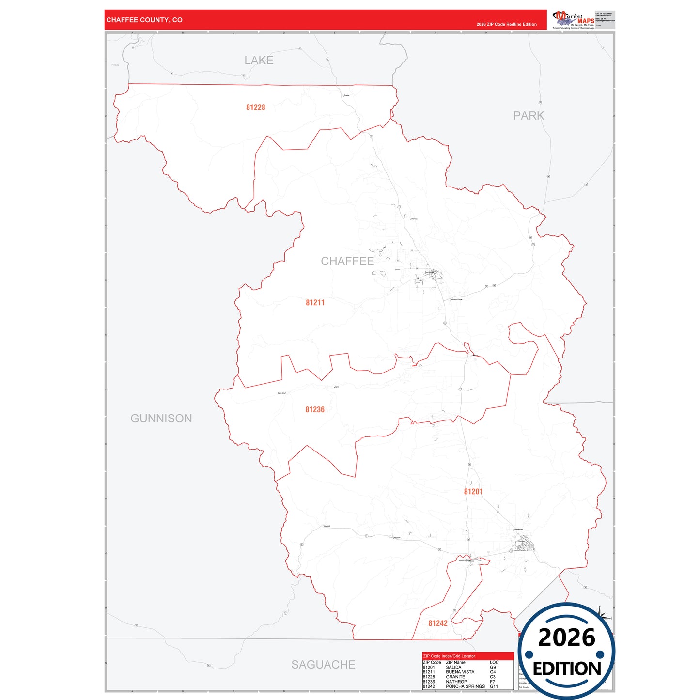 Chaffee County, CO Red Line 5 Digit ZIP Code Wall Map