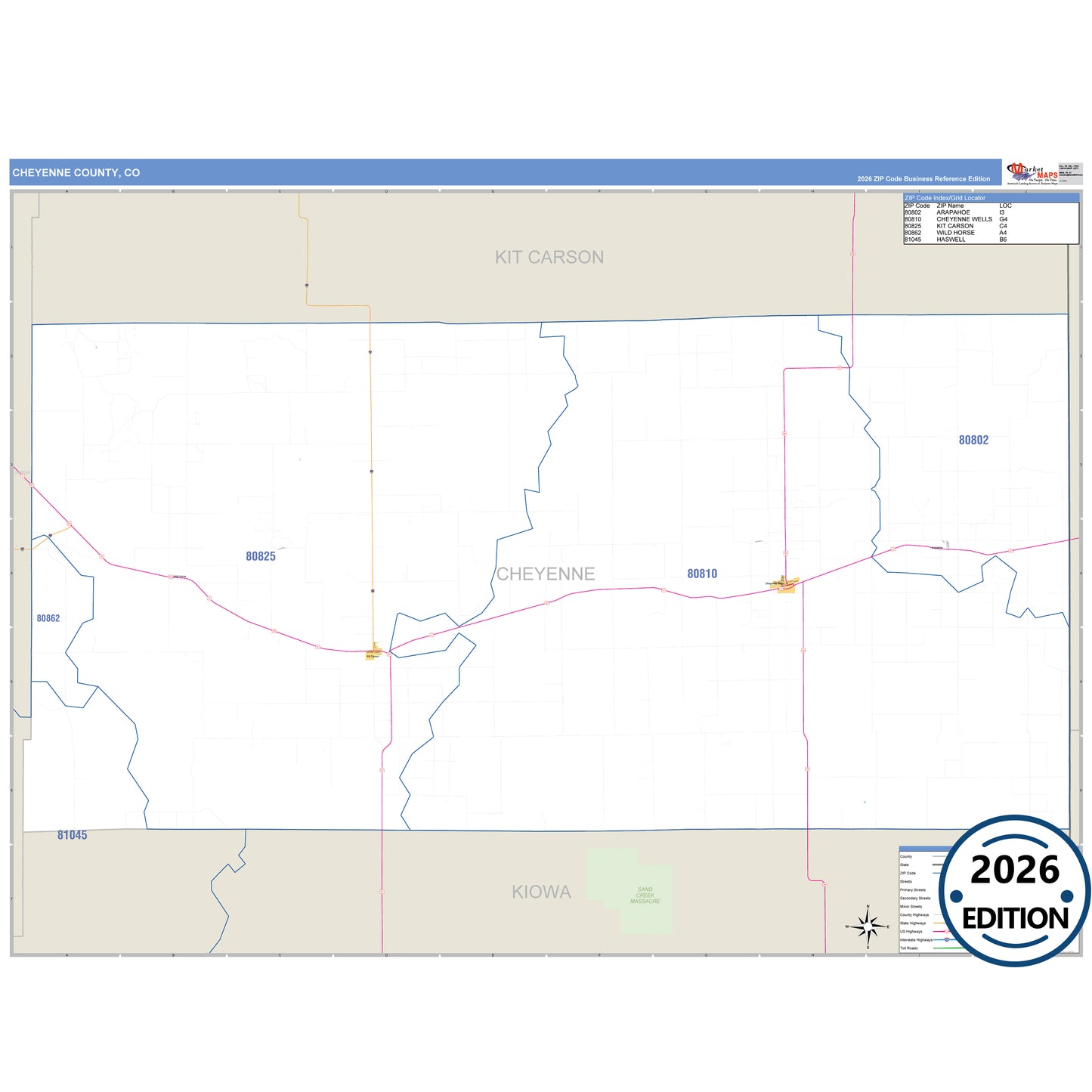 Cheyenne County, CO Business Reference 5 Digit ZIP Code Wall Map
