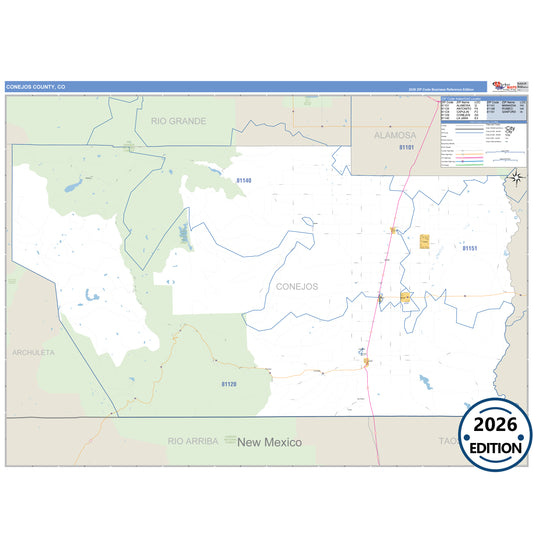Conejos County, CO Business Reference 5 Digit ZIP Code Wall Map