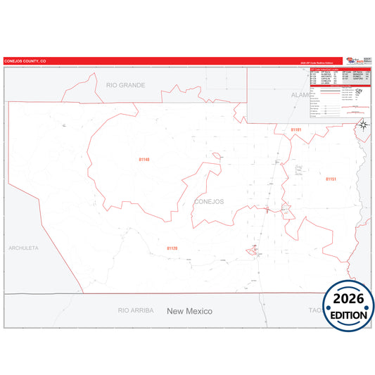 Conejos County, CO Red Line 5 Digit ZIP Code Wall Map