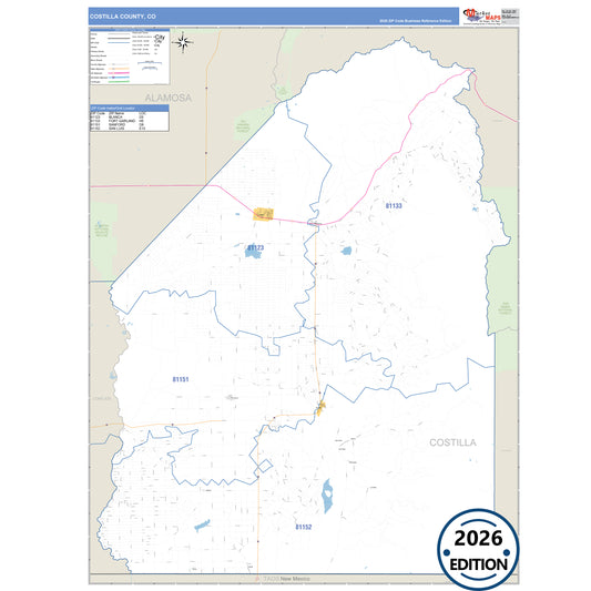 Costilla County, CO Business Reference 5 Digit ZIP Code Wall Map