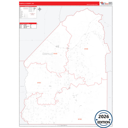 Costilla County, CO Red Line 5 Digit ZIP Code Wall Map