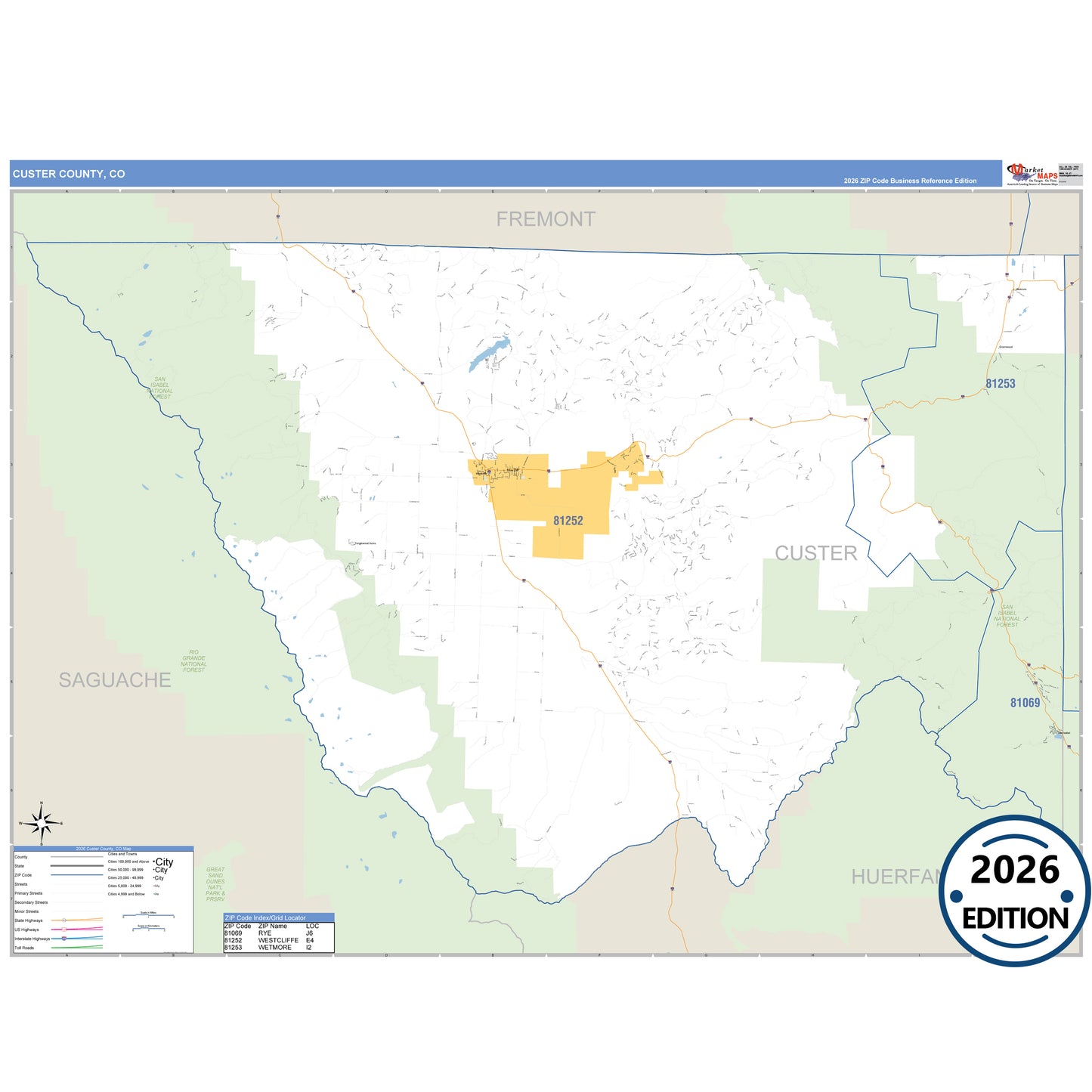 Custer County, CO Business Reference 5 Digit ZIP Code Wall Map