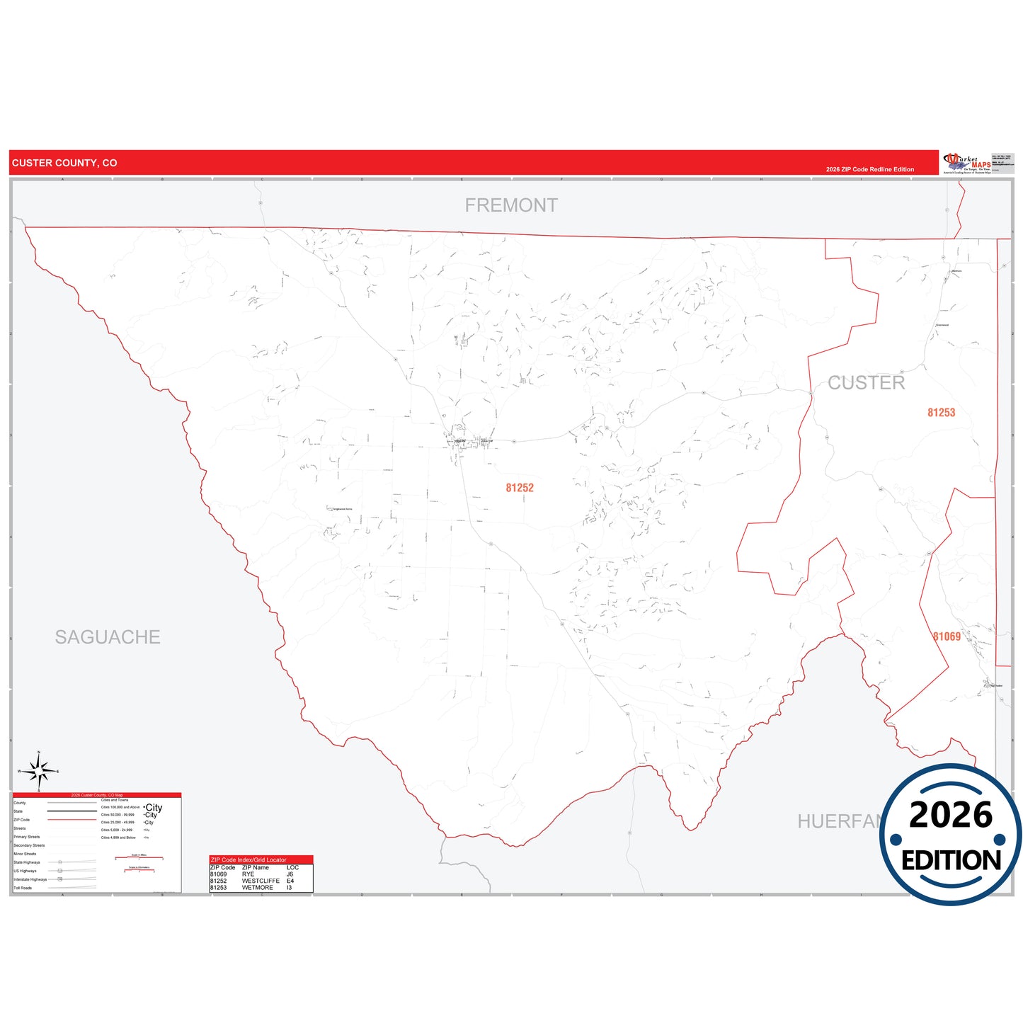 Custer County, CO Red Line 5 Digit ZIP Code Wall Map