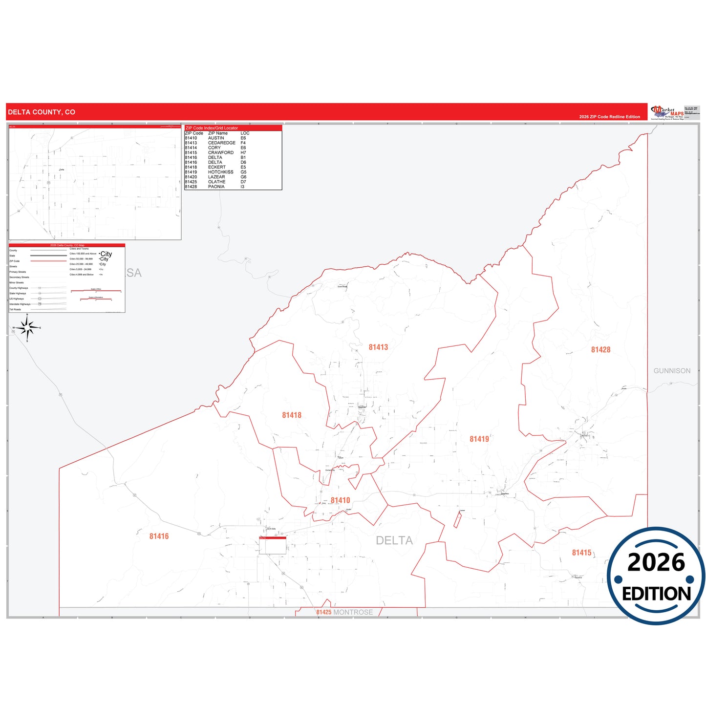 Delta County, CO Red Line 5 Digit ZIP Code Wall Map