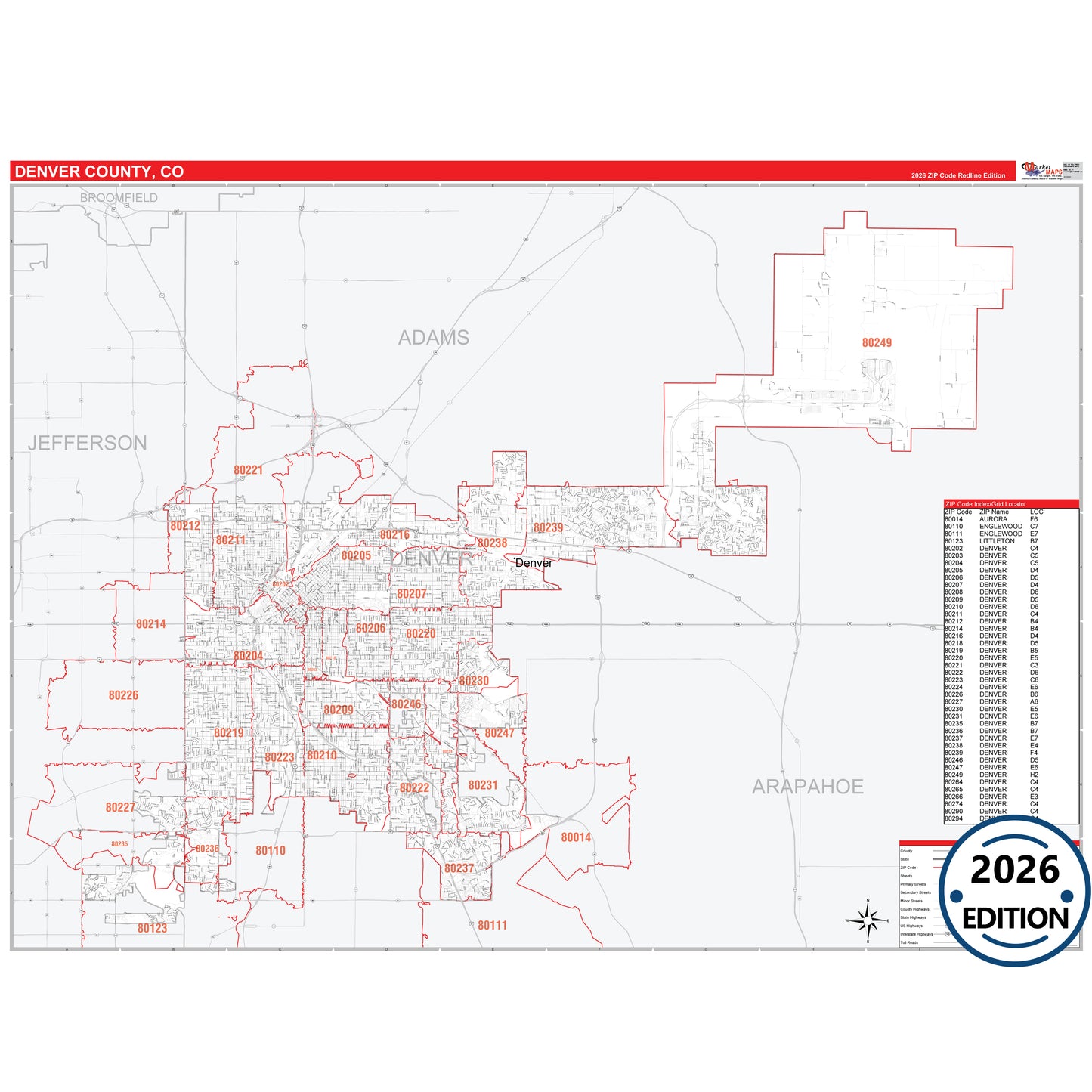 Denver County, CO Red Line 5 Digit ZIP Code Wall Map