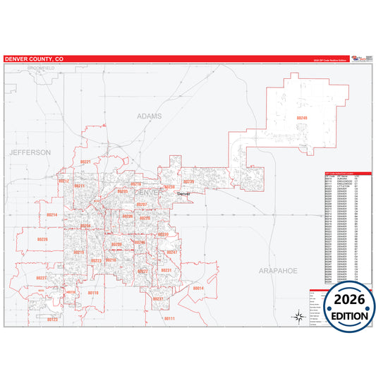 Denver County, CO Red Line 5 Digit ZIP Code Wall Map