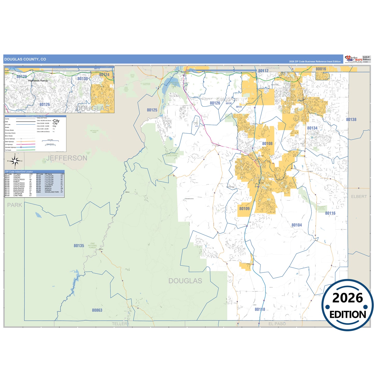 Douglas County, CO Business Reference 5 Digit ZIP Code Wall Map