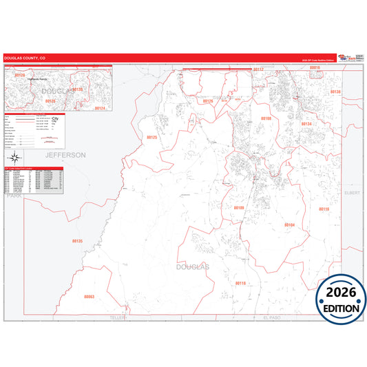 Douglas County, CO Red Line 5 Digit ZIP Code Wall Map