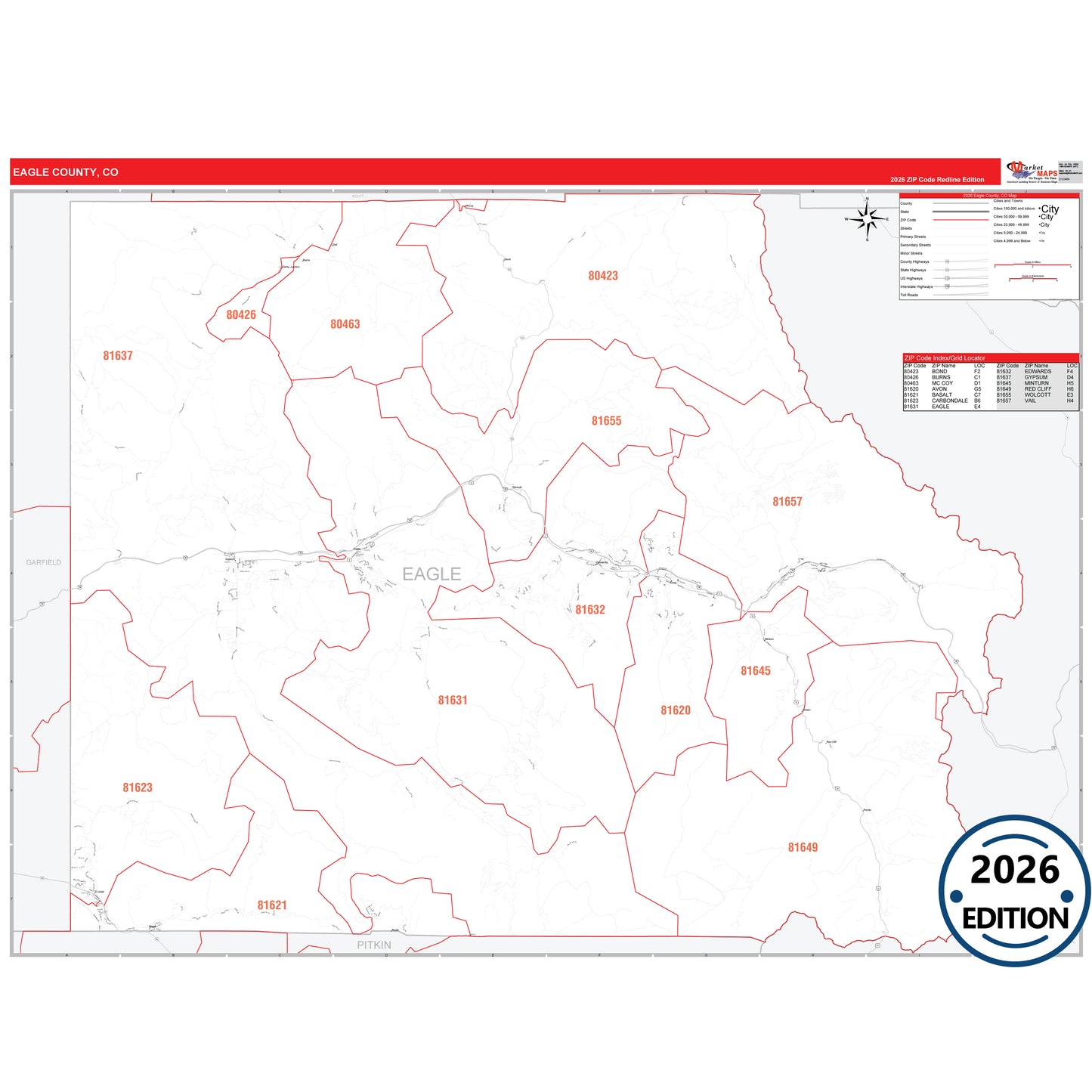 Eagle County, CO Red Line 5 Digit ZIP Code Wall Map