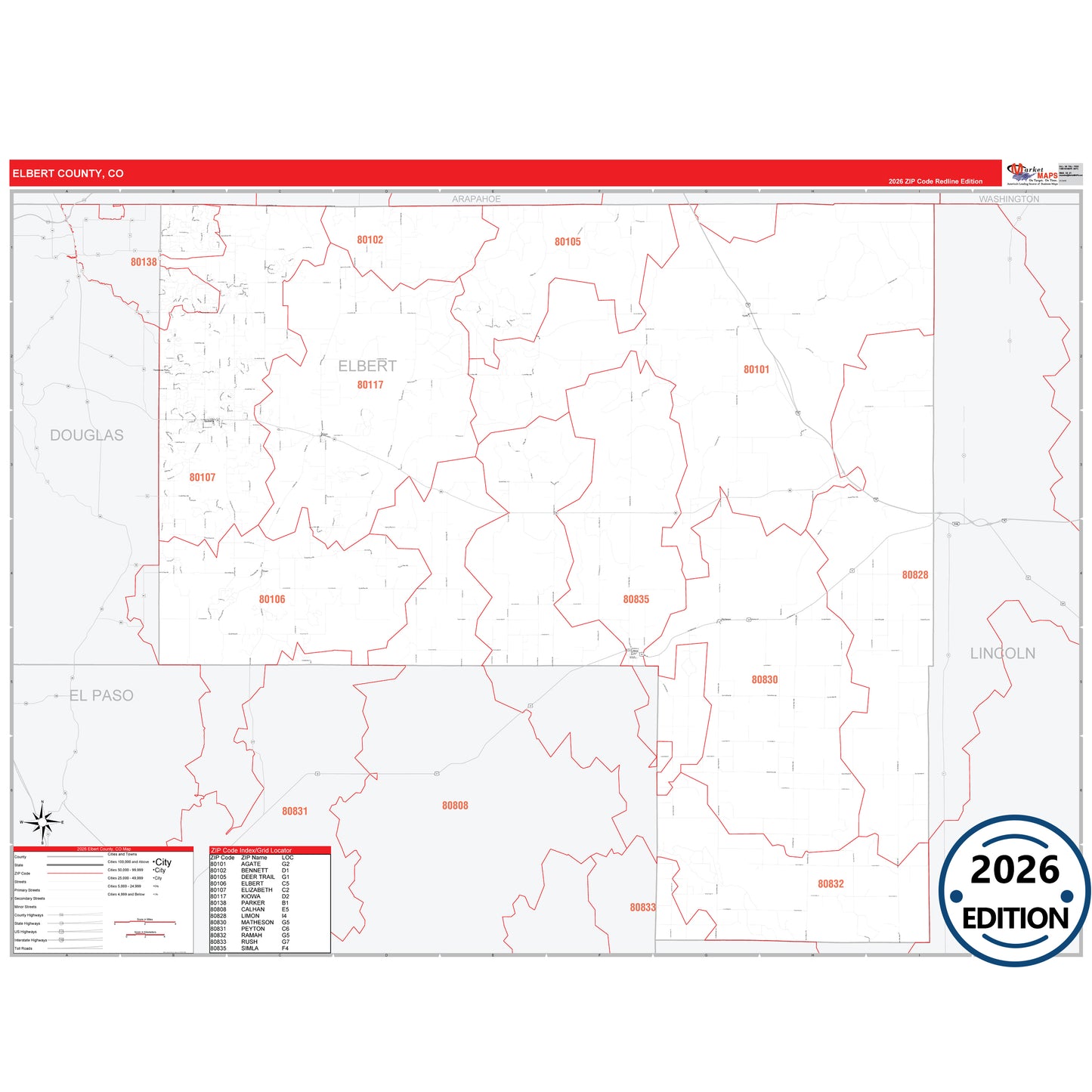 Elbert County, CO Red Line 5 Digit ZIP Code Wall Map