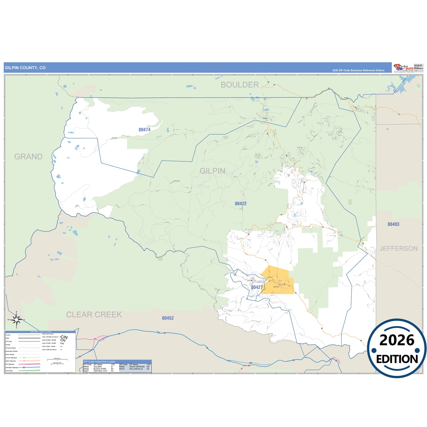 Gilpin County, CO Business Reference 5 Digit ZIP Code Wall Map