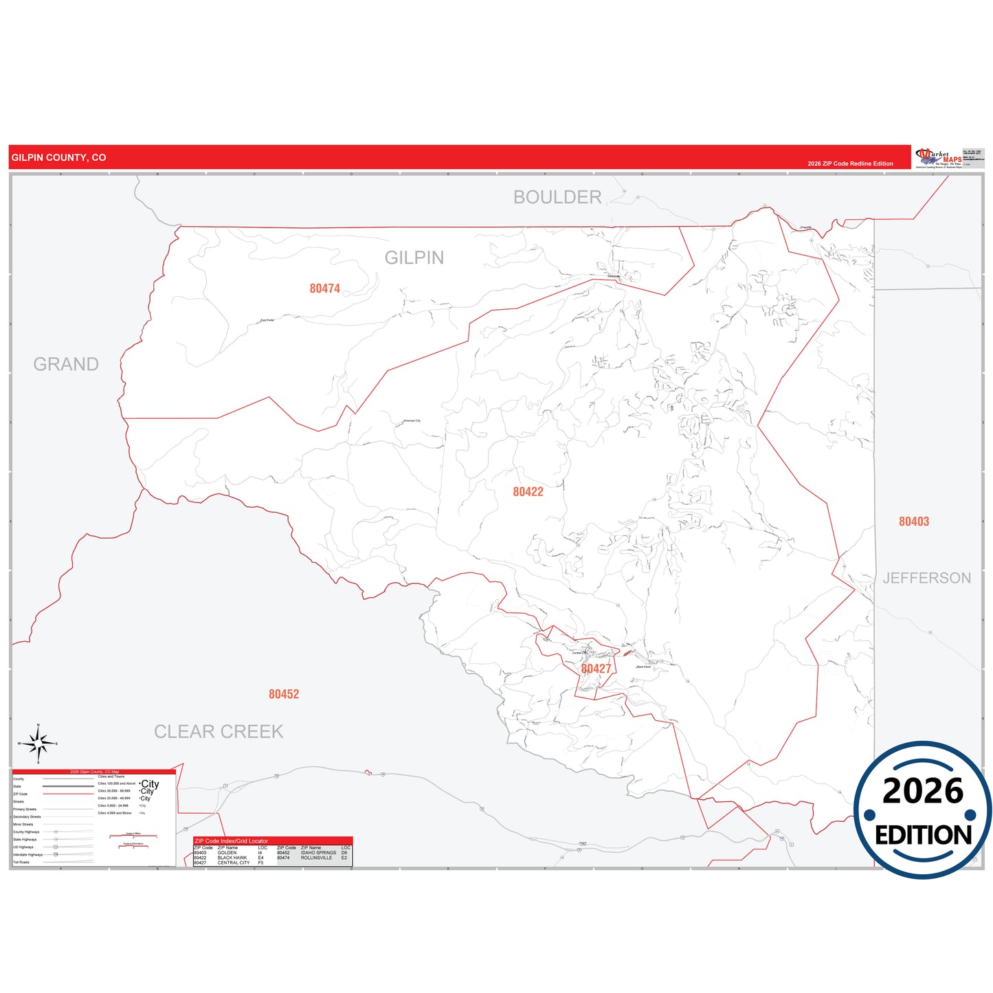Gilpin County, CO Red Line 5 Digit ZIP Code Wall Map