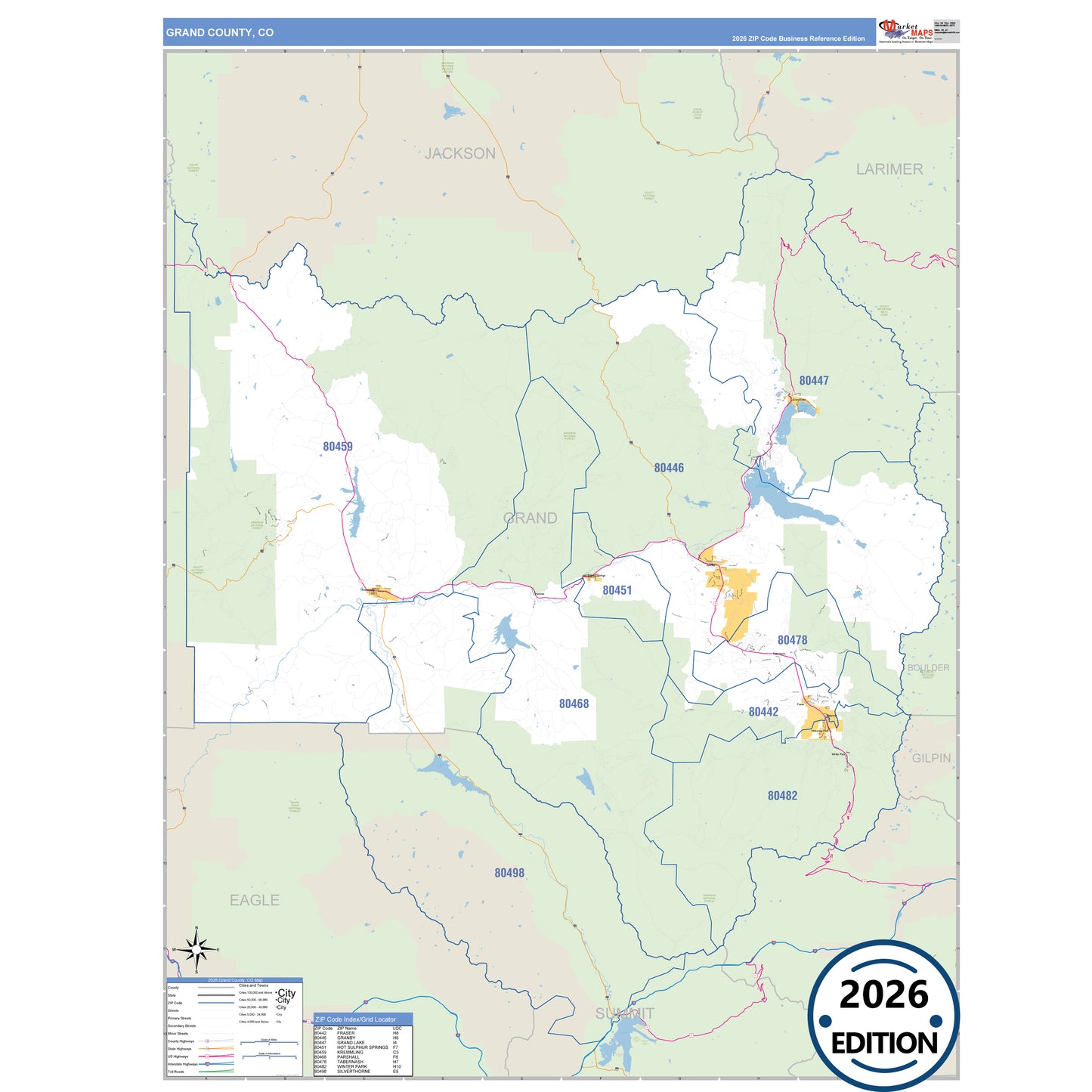 Grand County, CO Business Reference 5 Digit ZIP Code Wall Map