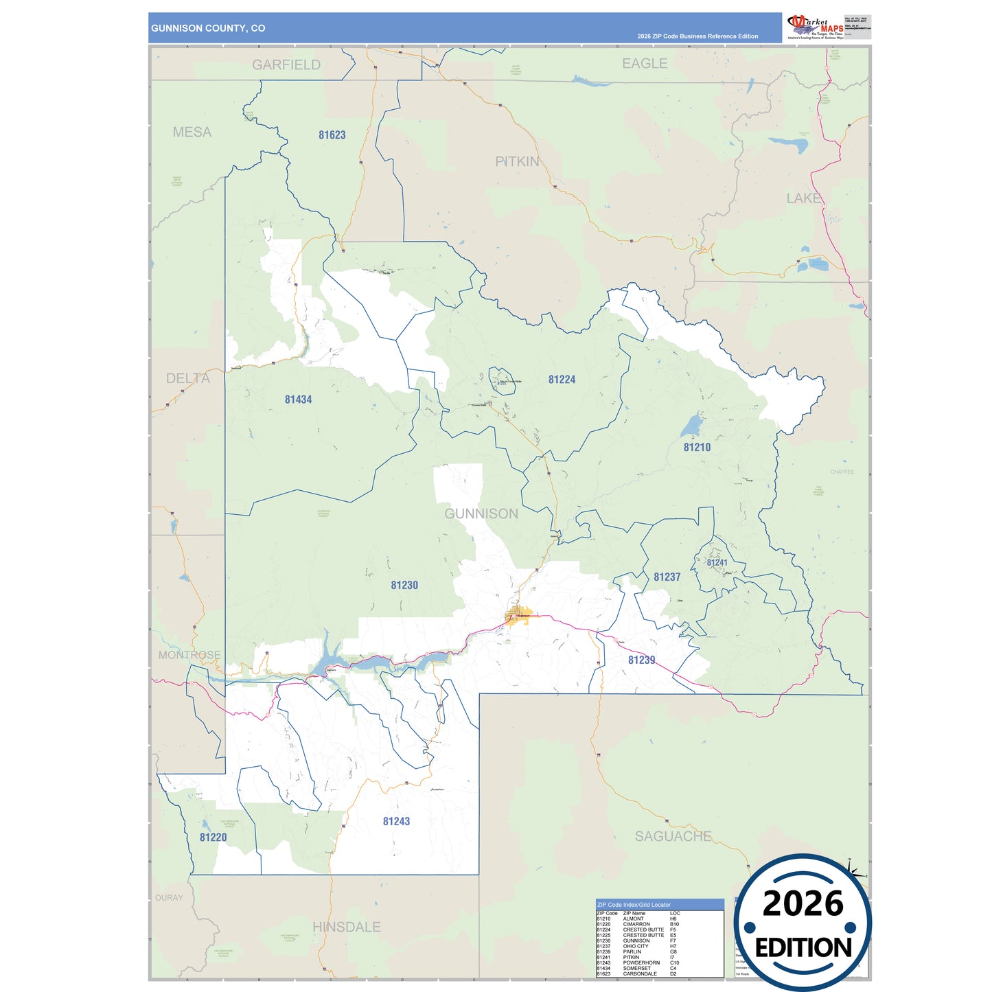 Gunnison County, CO Business Reference 5 Digit ZIP Code Wall Map