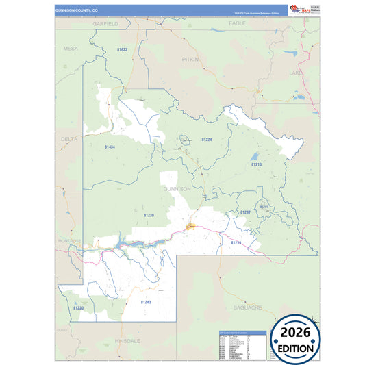 Gunnison County, CO Business Reference 5 Digit ZIP Code Wall Map