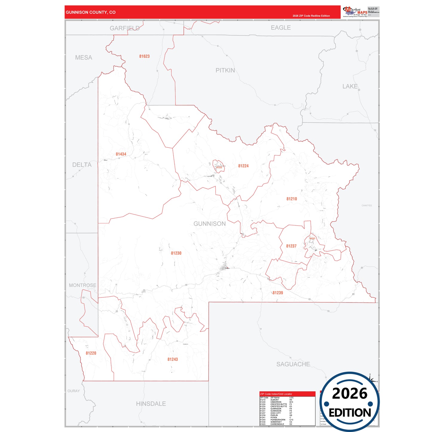 Gunnison County, CO Red Line 5 Digit ZIP Code Wall Map