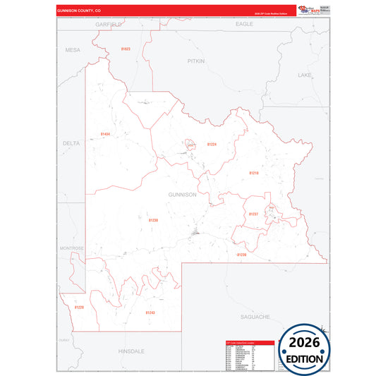 Gunnison County, CO Red Line 5 Digit ZIP Code Wall Map