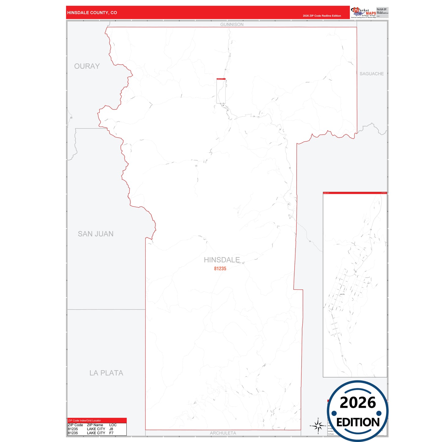 Hinsdale County, CO Red Line 5 Digit ZIP Code Wall Map