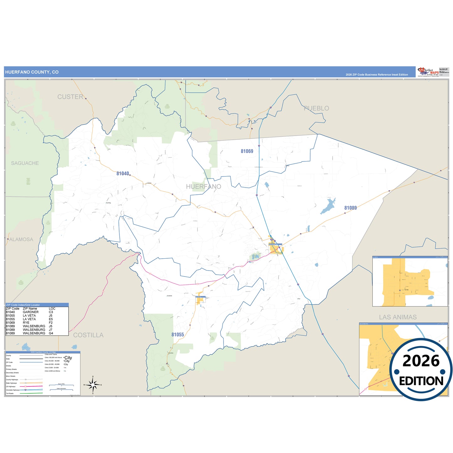 Huerfano County, CO Business Reference 5 Digit ZIP Code Wall Map