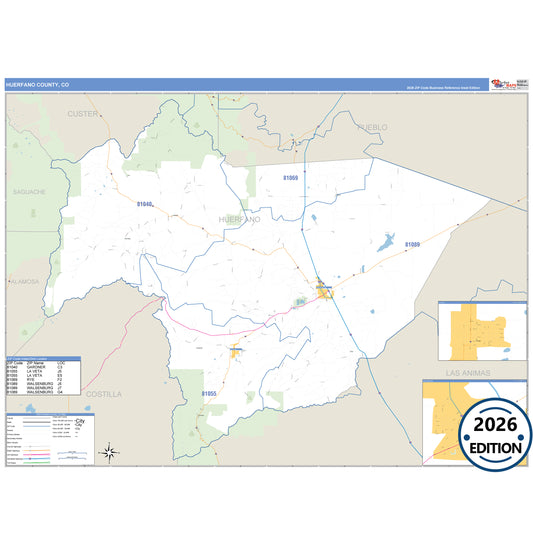 Huerfano County, CO Business Reference 5 Digit ZIP Code Wall Map