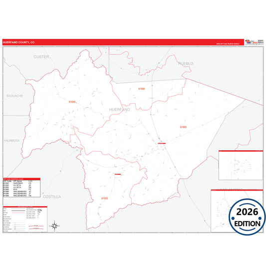 Huerfano County, CO Red Line 5 Digit ZIP Code Wall Map