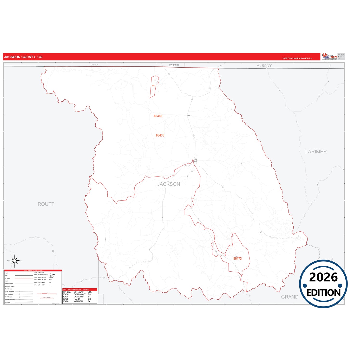 Jackson County, CO Red Line 5 Digit ZIP Code Wall Map