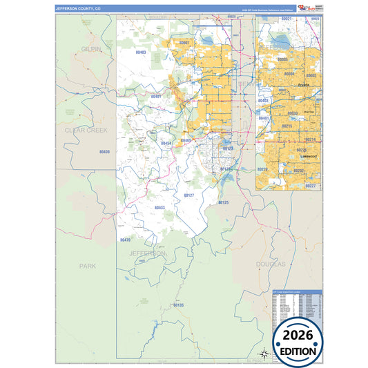 Jefferson County, CO Business Reference 5 Digit ZIP Code Wall Map