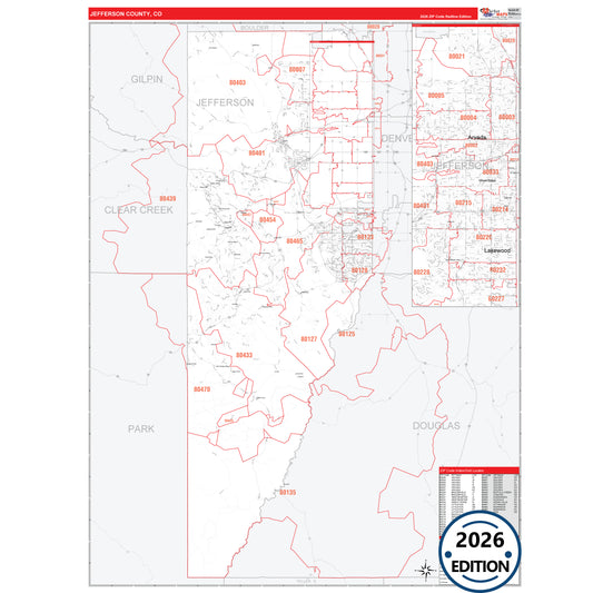 Jefferson County, CO Red Line 5 Digit ZIP Code Wall Map