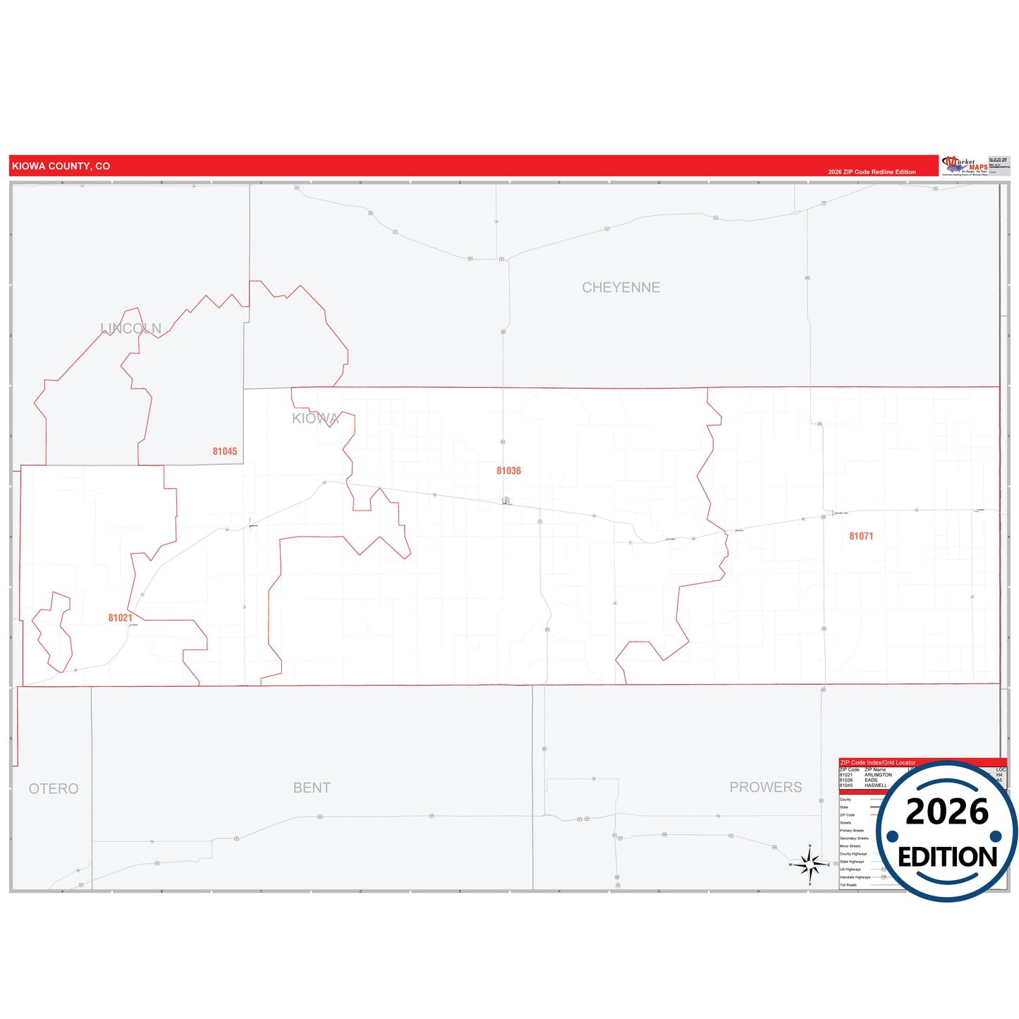 Kiowa County, CO Red Line 5 Digit ZIP Code Wall Map
