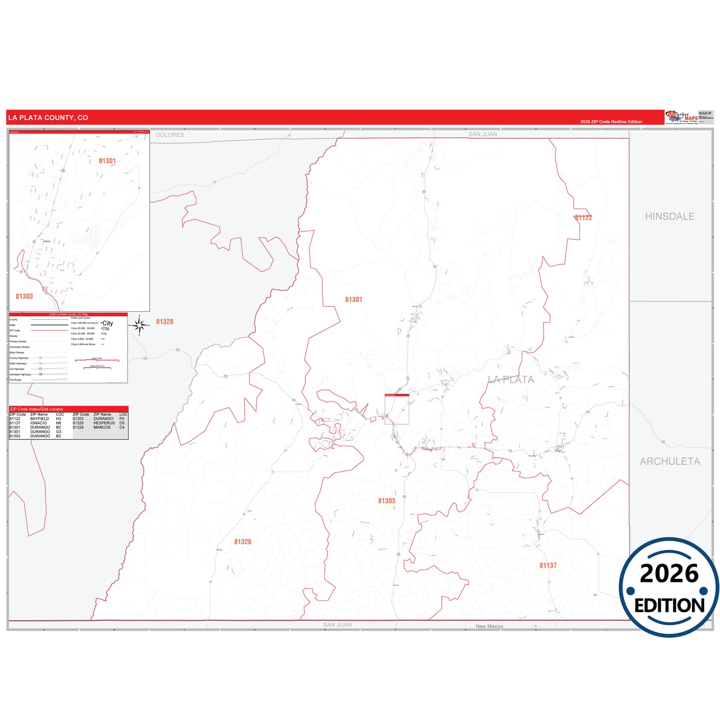 La Plata County, CO Red Line 5 Digit ZIP Code Wall Map
