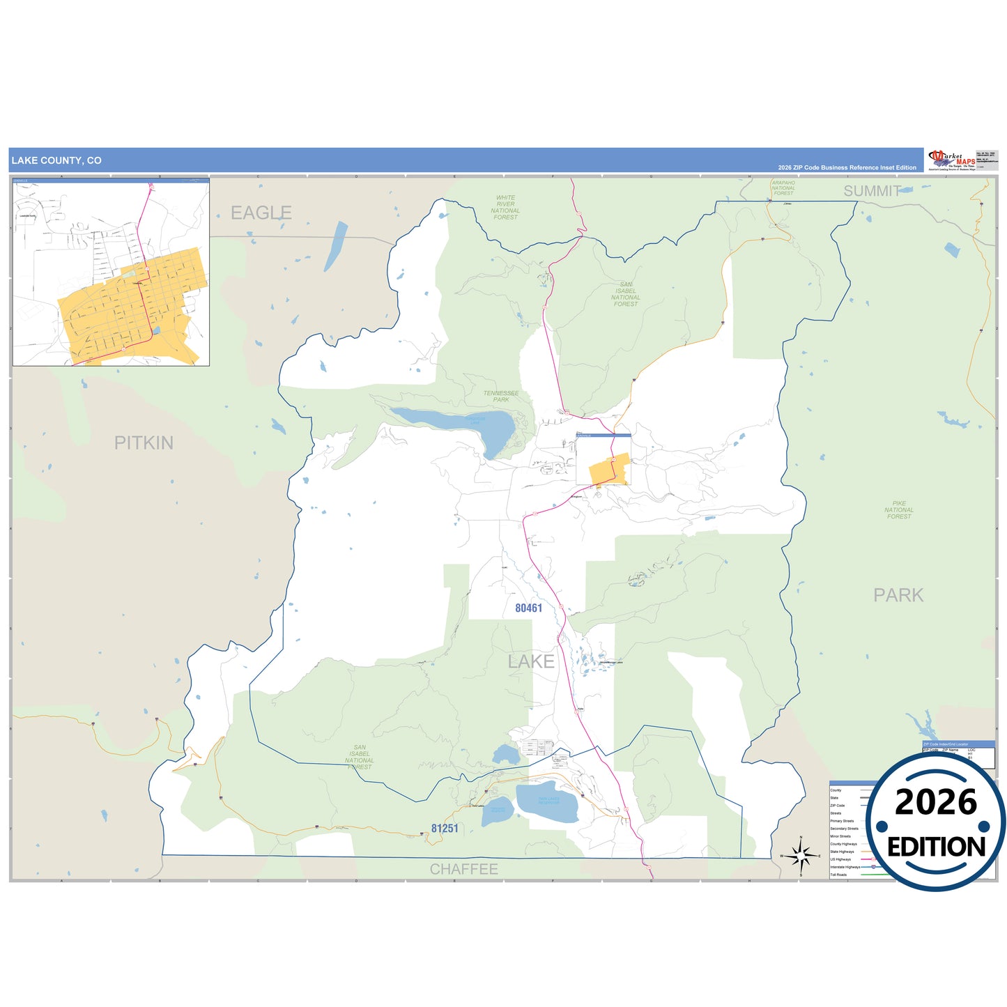 Lake County, CO Business Reference 5 Digit ZIP Code Wall Map