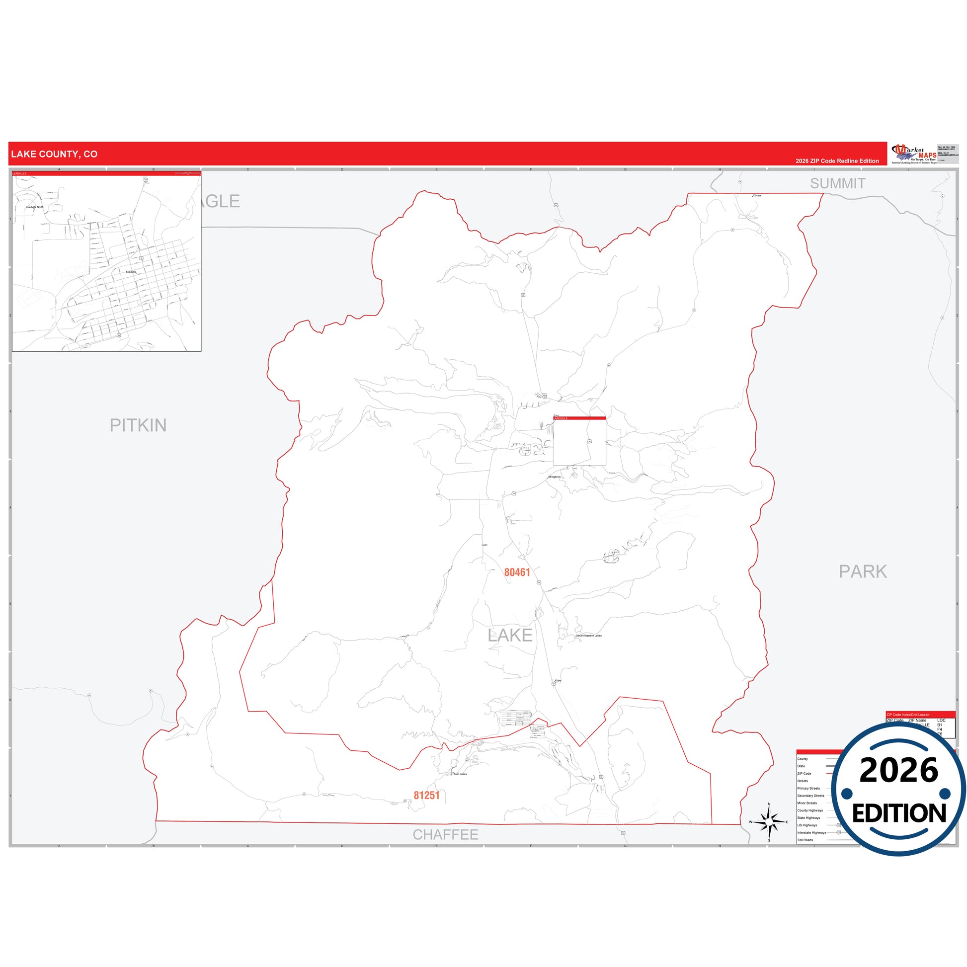 Lake County, CO Red Line map with detailed roads, cities, and ZIP code boundaries.