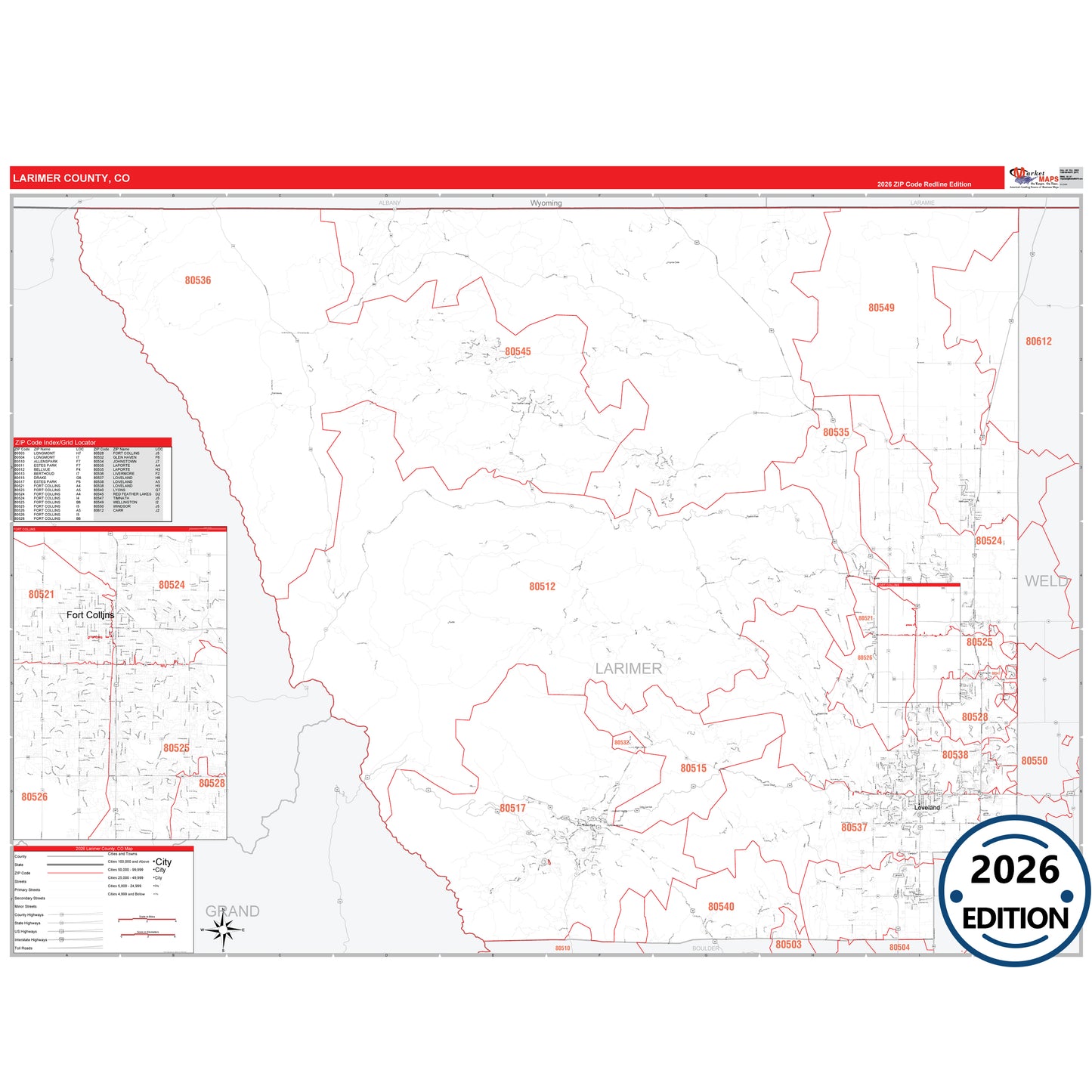 Larimer County, CO Red Line 5 Digit ZIP Code Wall Map