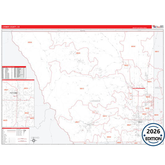 Larimer County, CO Red Line 5 Digit ZIP Code Wall Map