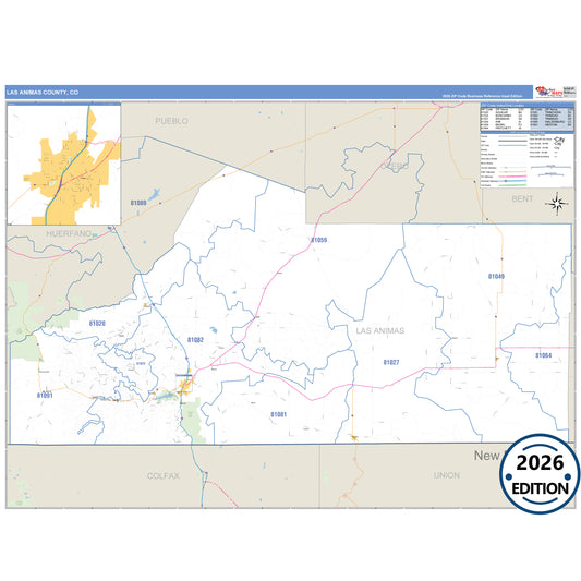 Las Animas County, CO Business Reference 5 Digit ZIP Code Wall Map