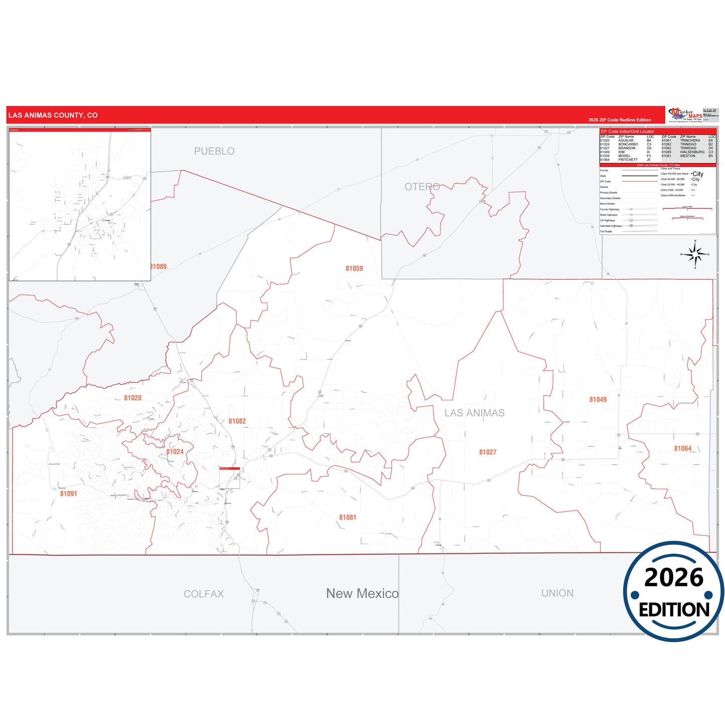 Las Animas County, CO Red Line 5 Digit ZIP Code Wall Map